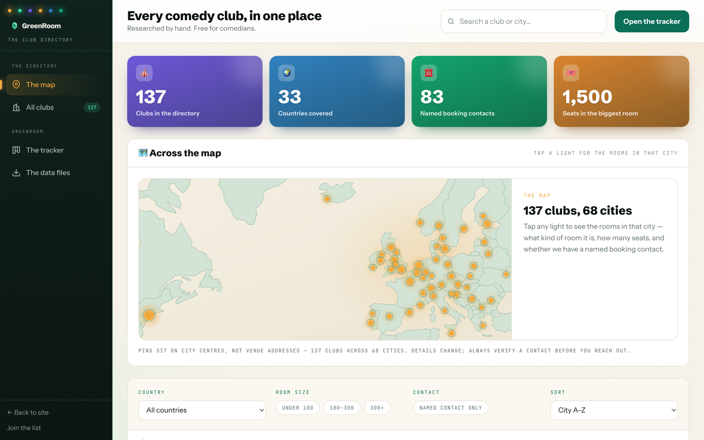 The club directory — a map of every city with a club in it, plus 137 clubs searchable by city, country and room size